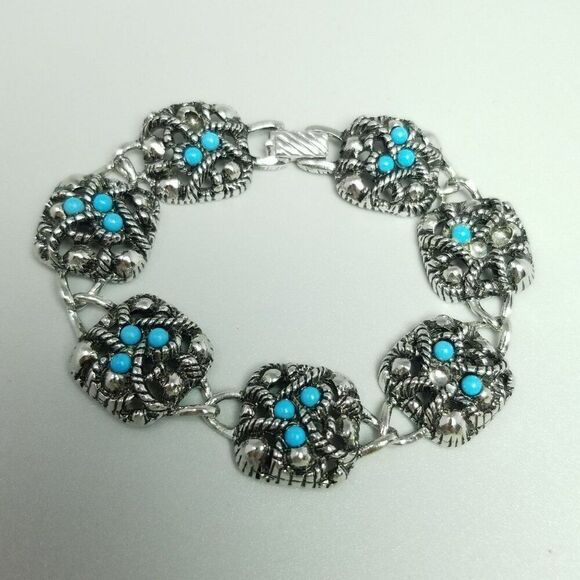 Vintage Avon Blue and Silver Tone 6 Panel Chain Bracelet, Singed Estate - Picture 8 of 8